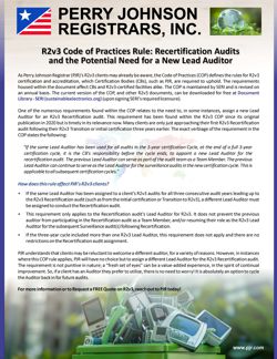 R2v3 Code of Practices Rule: Recertification Audits and the Potential Need for a New Lead Auditor